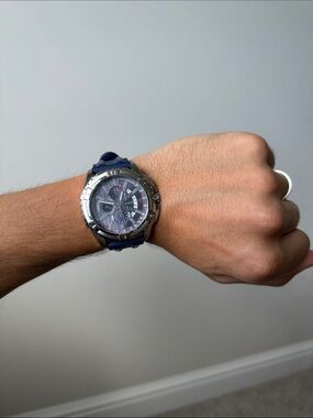 Guess Blue Silicone Strap Chronograph Watch with Silver Case